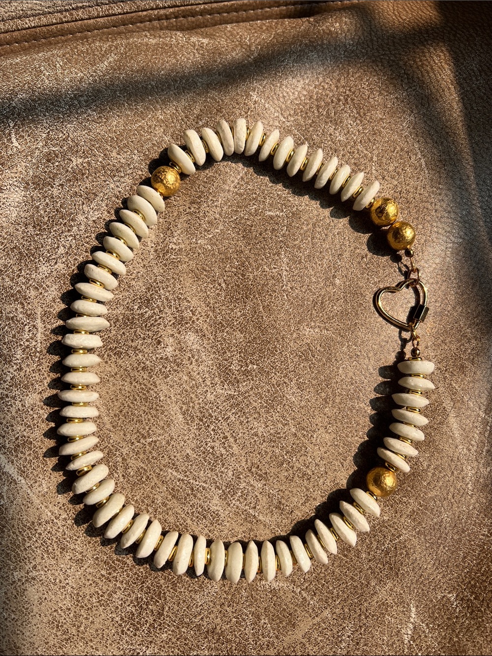 Gold & White Bead Heart-Clasp Necklace